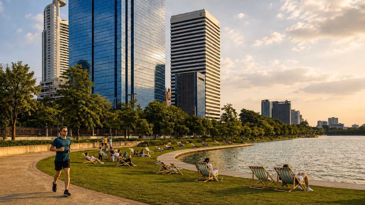 People relaxing and running beside a green Bangkok park lake