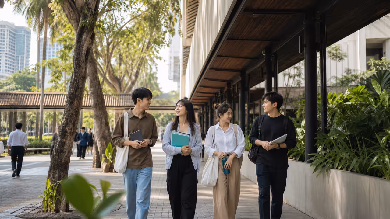 Adult students walking together along a shaded Bangkok campus path