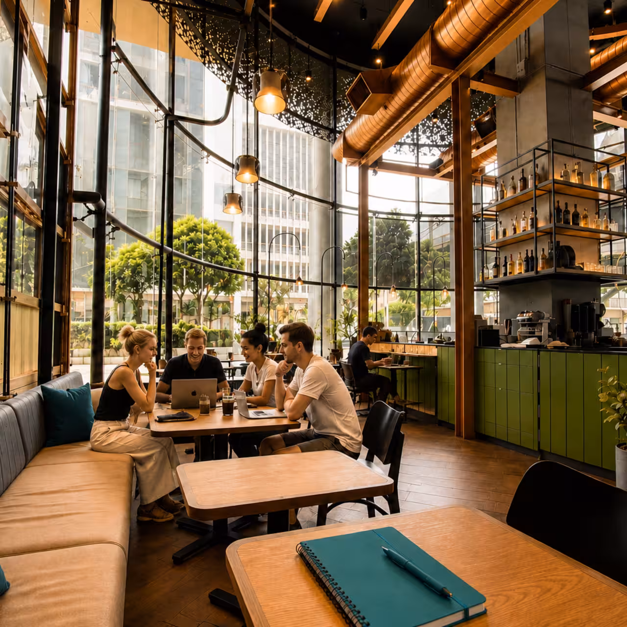 People sharing a flexible work table in a Bangkok café